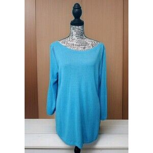 Talbots Sz M Swester Linen Eyelet Boat Neck  Lightweight Teal 3/4 Sleeve